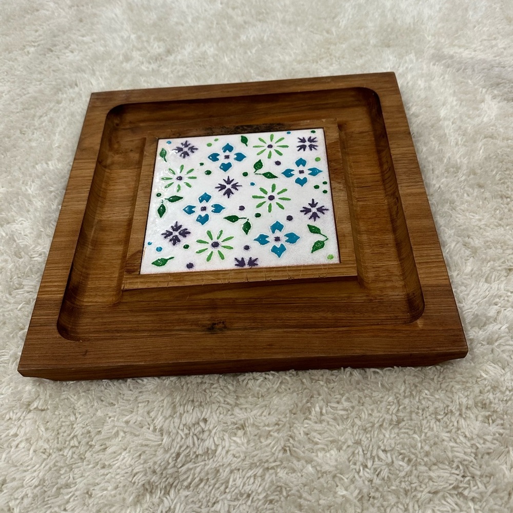 Vintage Saks fifth Avenue Tile Wooden Charcuterie Cracker Cheese Serving Tray